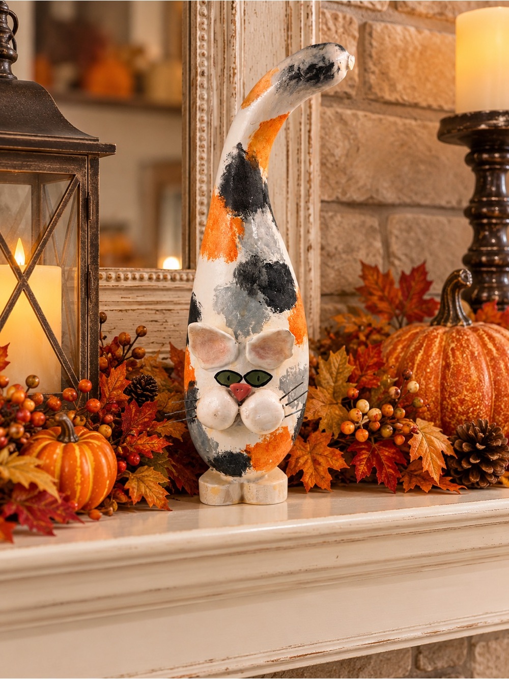 VTG Whimsical Gourd Folk Art Hand Painted Cat Home Decor Fall Thanksgiving EUC